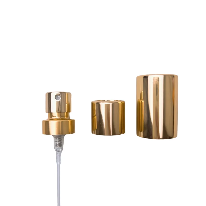 Gold 15mm Crimp Neck Mist Sprayer Pump with Over Caps for Glass Perfume Spray Bottles