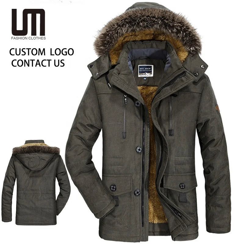OEM Service Custom Wholesale Trending Autumn Winter Men Clothing Hooded Fur Collar Thick Mid Length Cotton Jacket Coats