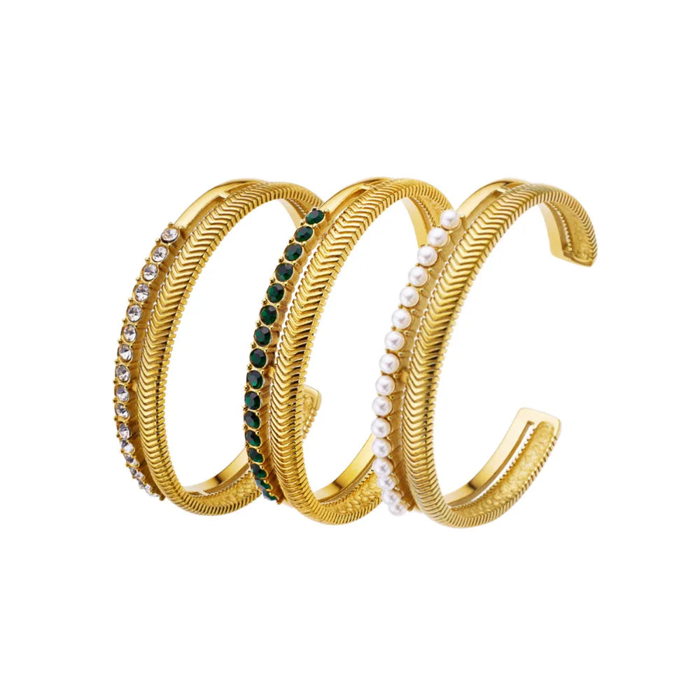 Wholesale Gold Plated Women Double Layer Crystal Stainless Steel Pearl Open Bracelet