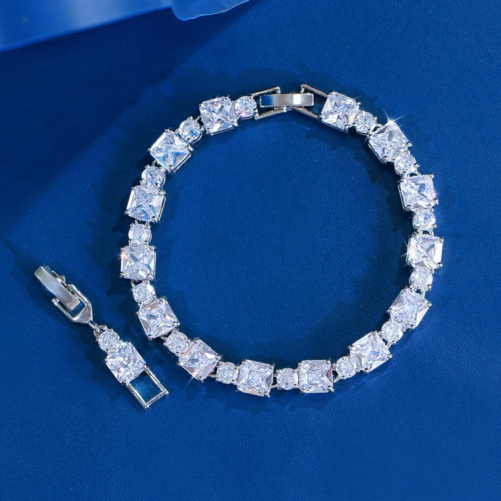 Gorgeous Pink Cubic Zirconia Square Tennis Chain Bracelet for Women Silver Plated Luxury Wedding Party Jewelry Accessories