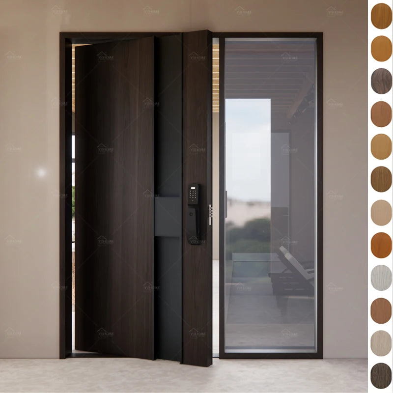 China Yohome Custom Wooden Main Entrance Door for Villa Front Door Pivot Security Exterior Door With Side Glass Lites