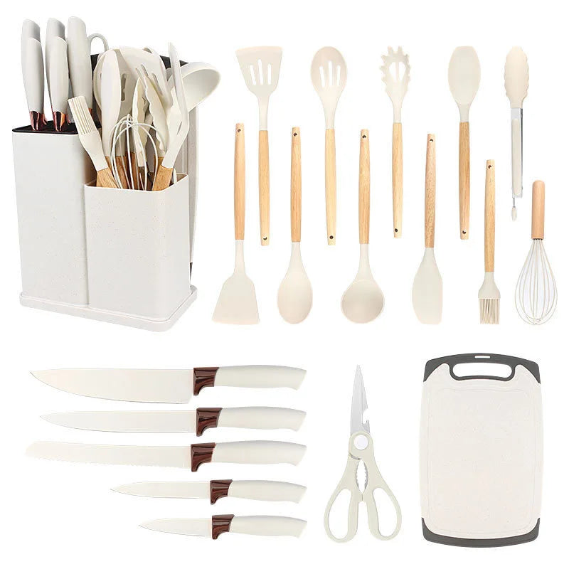 Silicone Sustainable Kitchen Utensil Set with Wooden Handle Custom Color Storage Holder Cutting Board & Scissors Cooking Kit