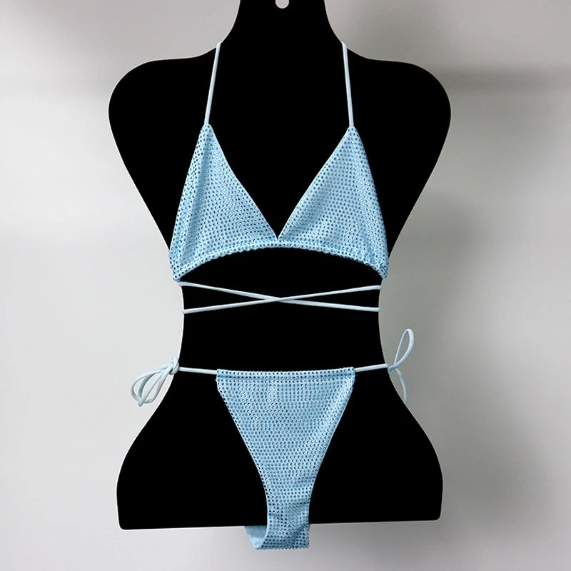 S573 Soft Crystal Glitter Shiny Bikini Swimwear Summer Soft Fabric Beach Set With Bling Diamonds
