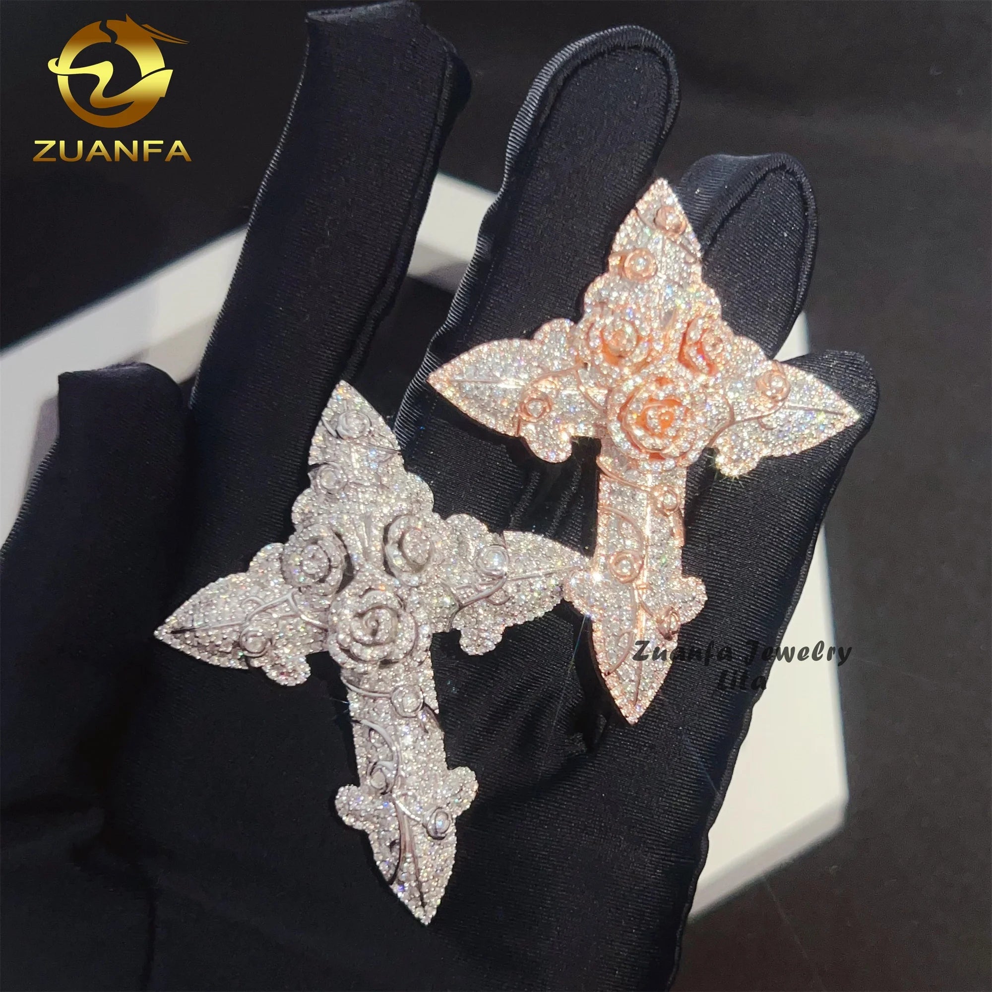 Iced Out Jewelry Hip Hop Style Solid 2.5" Tall Custom 925 Sterling Silver Cross Rose Moissanite Diamond Pendant