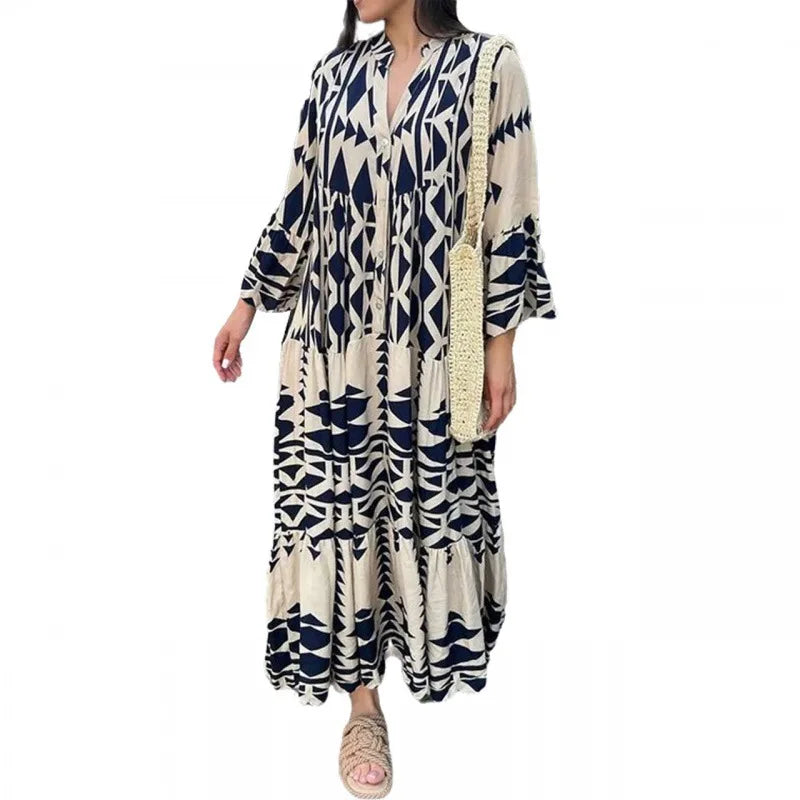 New Elegant Printed Bohemian Dress for Plus Size Women Europe the United States O-Neck Half Sleeve Long Loose Fleece Top