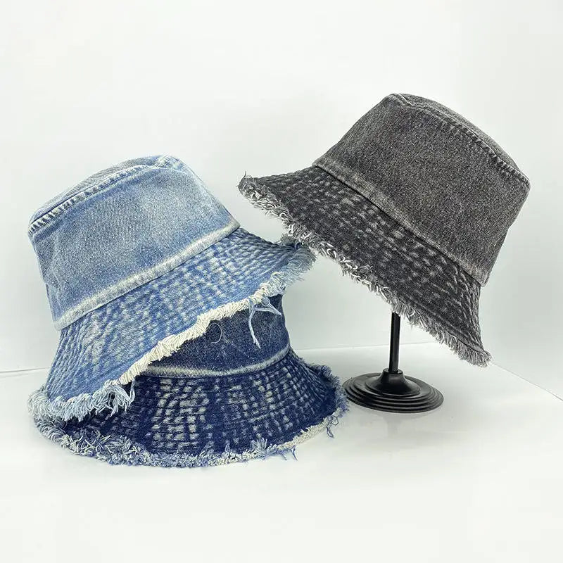 Women Denim Hole Hat Washed Cotton Jeans Tassel Fisherman Hat Bob Distressed Bucket Hat