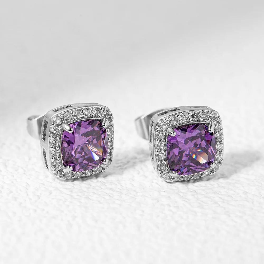 Silver Post Brilliant Square Purple Faux Diamond Halo Earrings Premium Cubic Zirconia Earrings for Women Girls