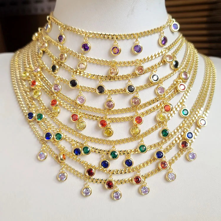 NZ1331 18K Gold Plated Tiny Diamond CZ Disc Dot Circle Dangles Charms Choker Layered Necklace for Ladies Women