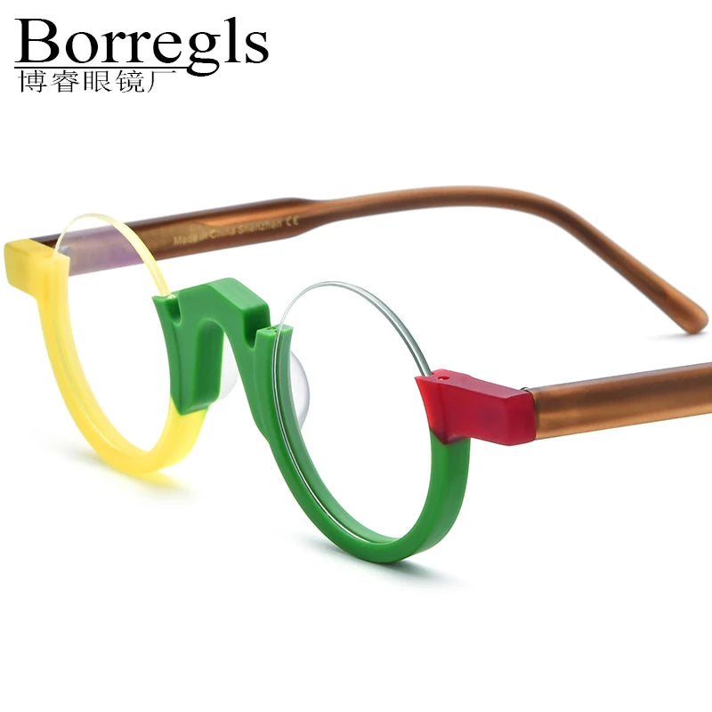 Borregls Acetate Glasses Frame Women Brand Design Half-Rim Semi-Rimless Small Round Eyeglasses Spectacle Optical Eyewear 19279