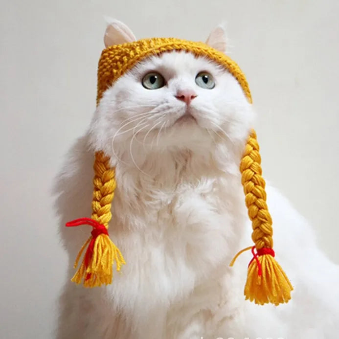 Wholesale Funny Knitting Pet Dog Cat Ear Knit Cap with Braided Pigtail