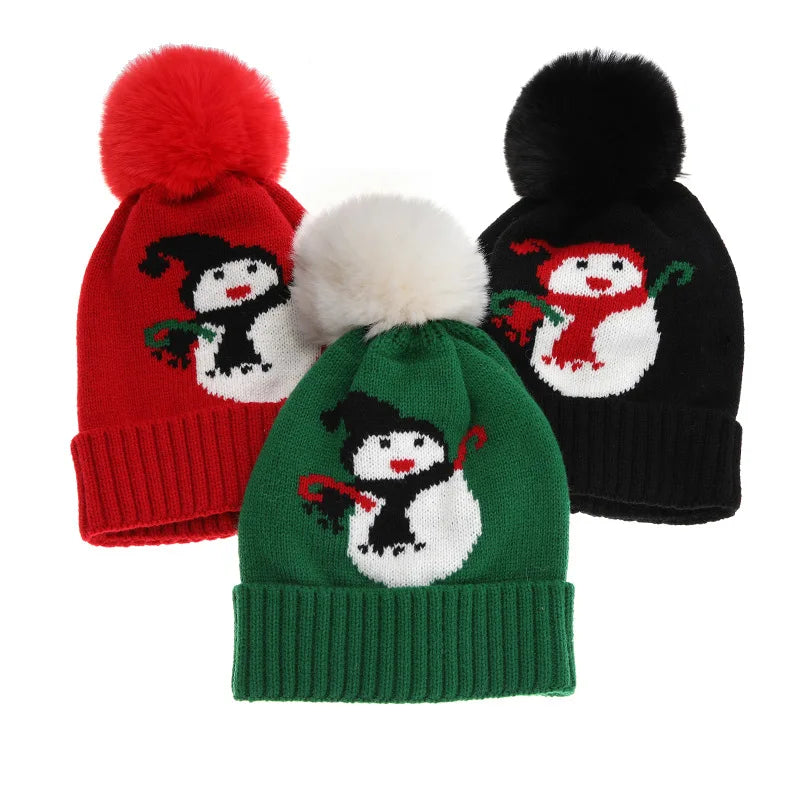 Sewingman B0484Z Custom Jacquard Snowman Christmas Pom Pom Children Beanies