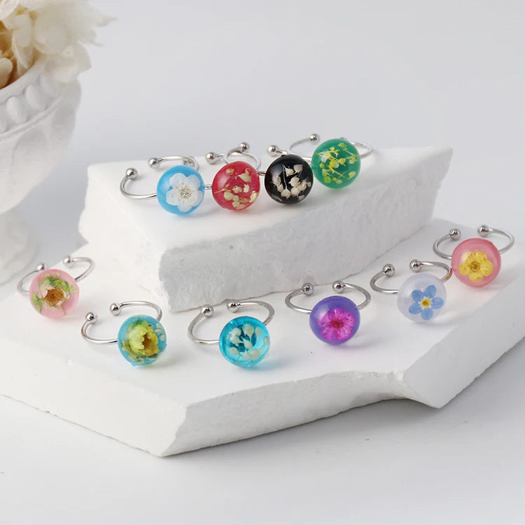 Handmade Dry Pressed Flower Ring Cherry Blossom Gemstone Preserved Babys Breath Ring for Women Girls Jewelry