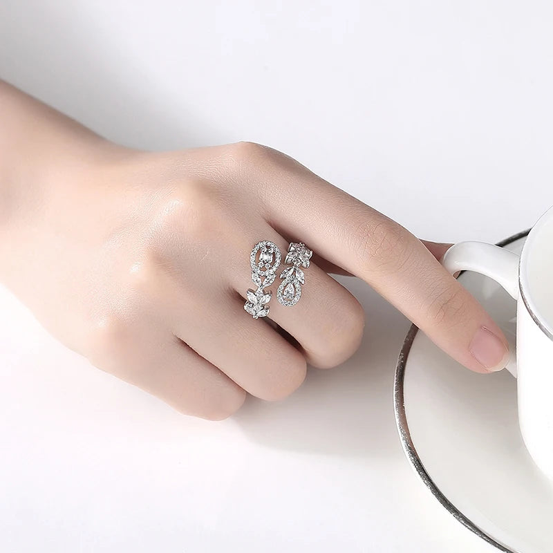 SLBRIDAL Trendy Pave Setting Adjustable Flower Women CZ Crystal Rings Girls Cubic Zircon Open Rings Fashion Jewelry Accessories