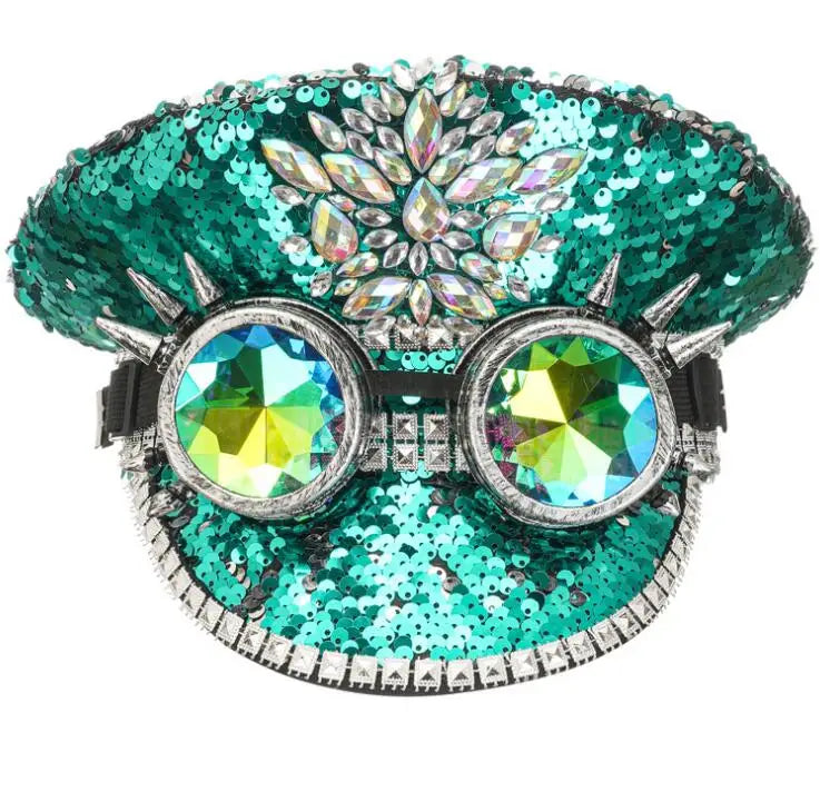 Women's Burning Man Sequin Hat Mucis Festival  Captain Hats Steampunk Caps with Goggles