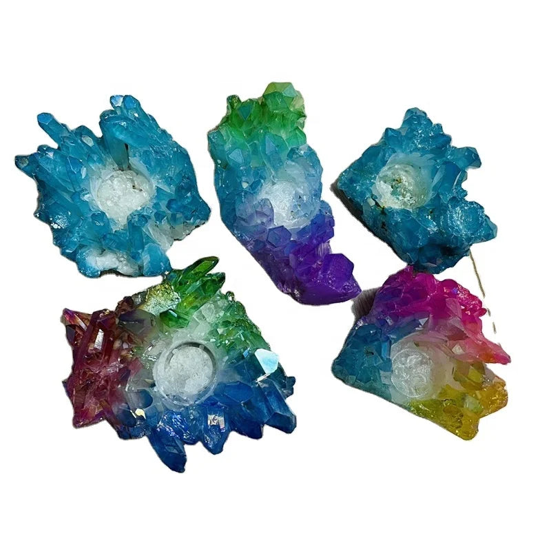 Wholesale Plated Colorful Crystal Spiritual Cluster Natural Angel Aura Quartz Cluster Candle Holder