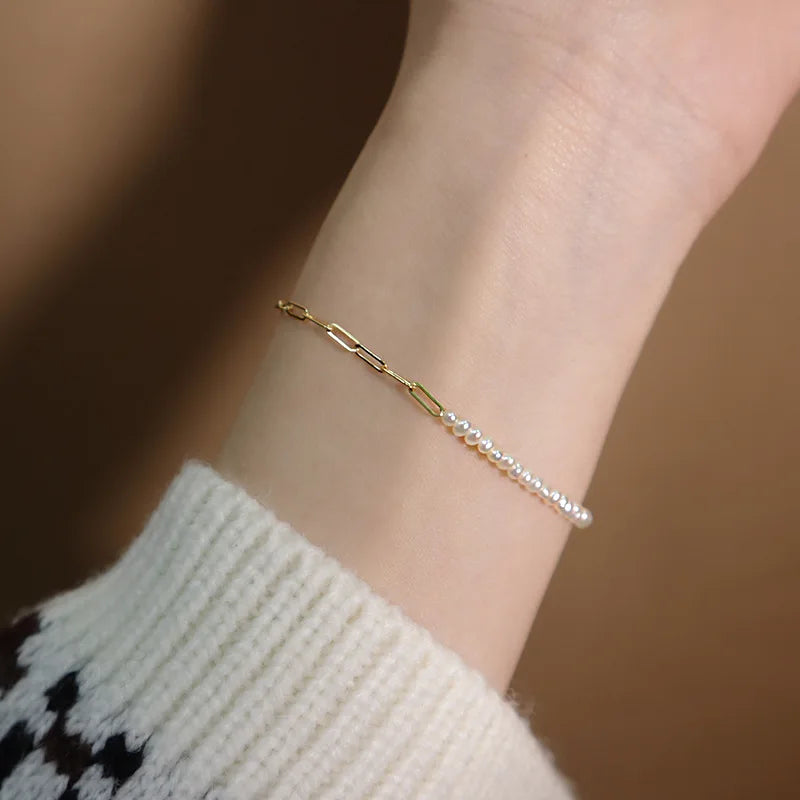 Fine Jewelry 925 Sterling Silver Fashion Pearl Bracelets Half Chain Design Paperclip Bracelets for Women