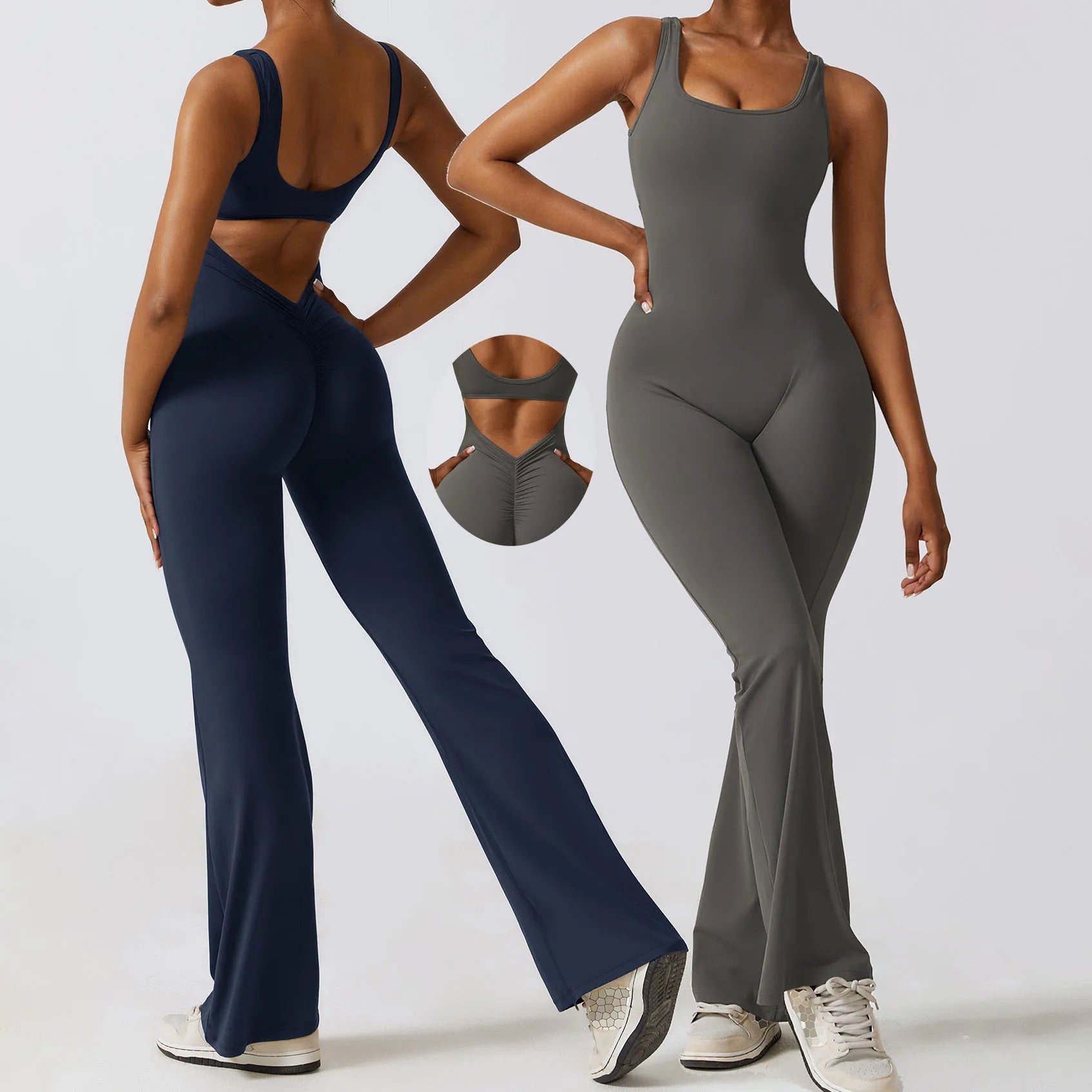 YIYI Womens Scrunch Butt Jumpsuits Flare Backless Romper Tummy Control Unitard Square Neck Outfits One Piece Cutout Bodysuits