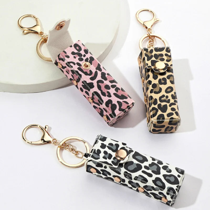 Lipstick Keychain Charm Chapstick Holder Keychain Cute Leopard Keychain Charm Women Girls Faux Leather Lip Balm Holder Keyring