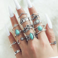 14PCS/Set Fashion Pearl Love Flower Chain Hollow Cross Multilayer Opening Ring Set Bohemia Style Pearl Ring Set