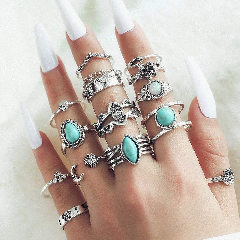14PCS/Set Fashion Pearl Love Flower Chain Hollow Cross Multilayer Opening Ring Set Bohemia Style Pearl Ring Set