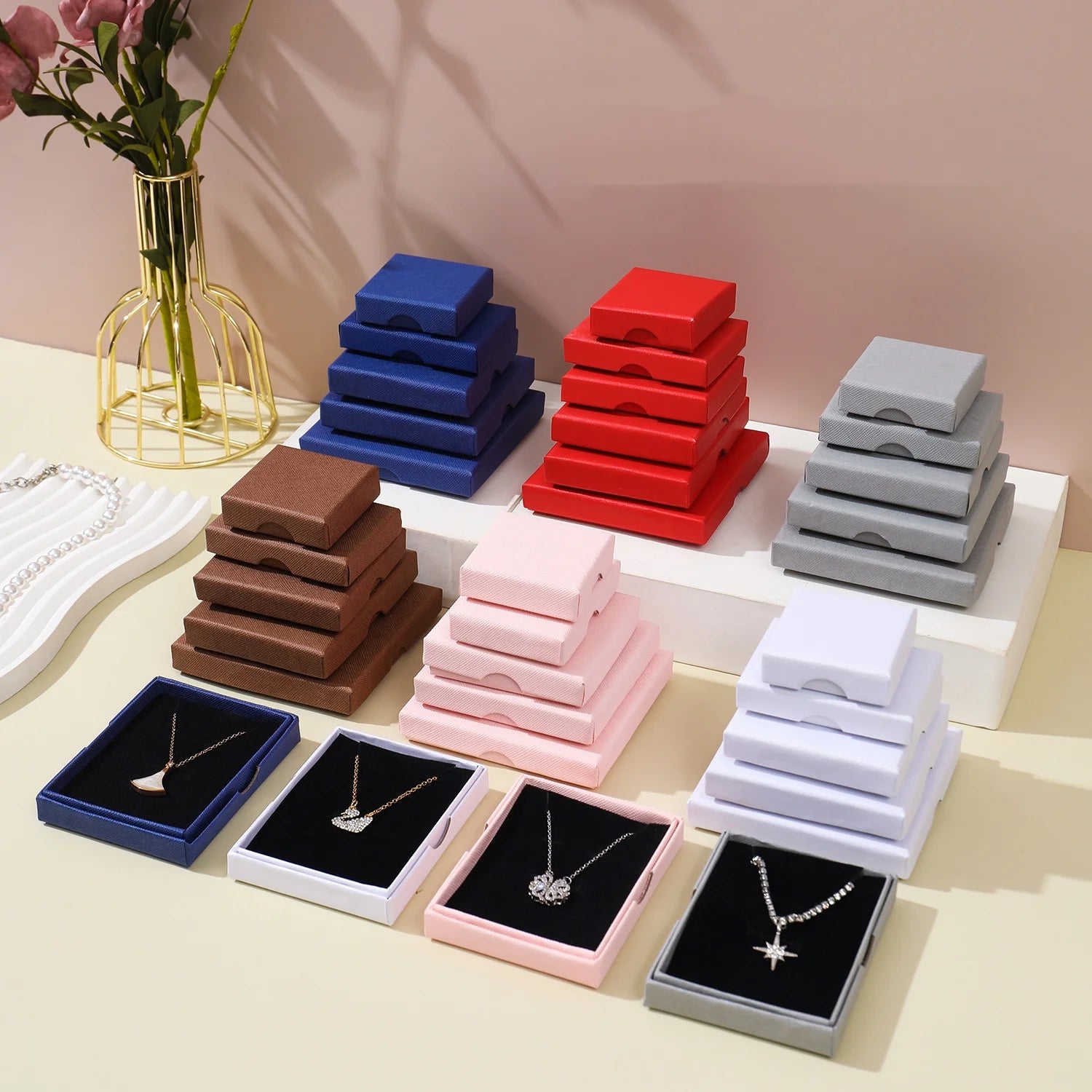 A1 Modern Pink High Grade Cardboard Thin Embossed Jewelry Display Boxes for Earrings Necklace Bracelet Storage