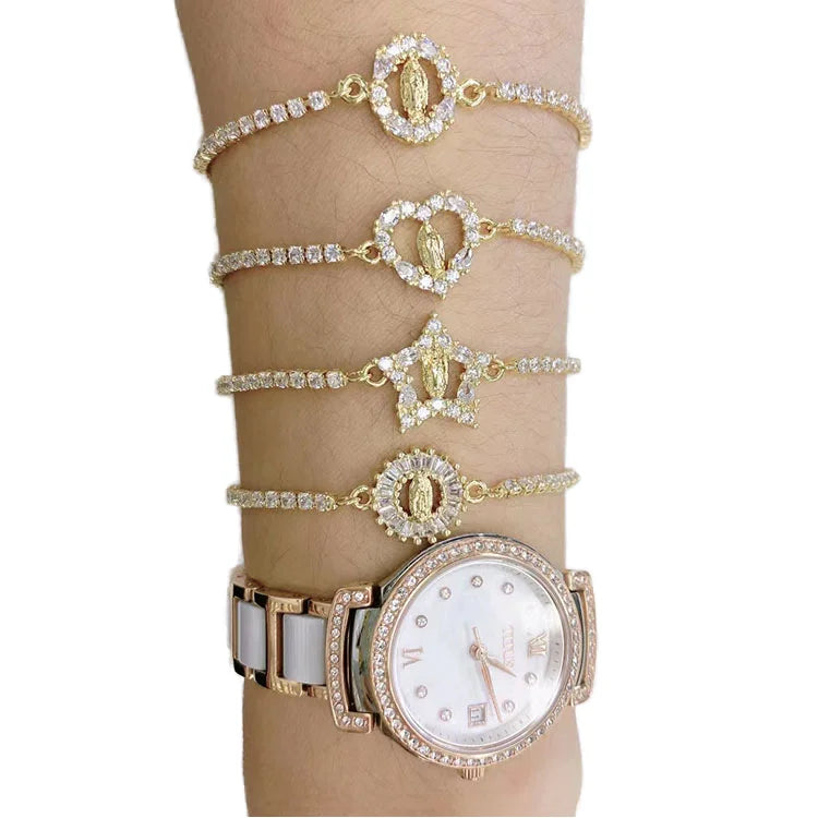 BC1419 Fashion Dainty Gold Plated CZ Paved Blessed Mother Virgin Mary Virgen De Guadalupe Tennis Chain Women  Bracelet