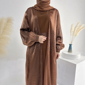 Luxury Hand Shiny Beads 3 Pieces Abaya Inner Dress Hijab Full Sets Muslim Dubai Abaya Set Brown With Puff Sleeve 2024
