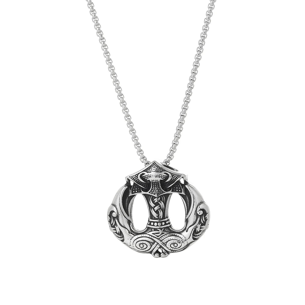 Viking Celtic Knot Silver Necklace Raven Skull Mjolnir Amulet Man Pendant Necklace Stainless Steel Man Jewelry