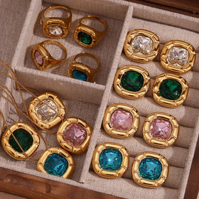 Fashion Jewelry Jewelry Sets Colorful Flower Zircon Jewelry Gold Plated Stainless Steel Necklace Earring Ring