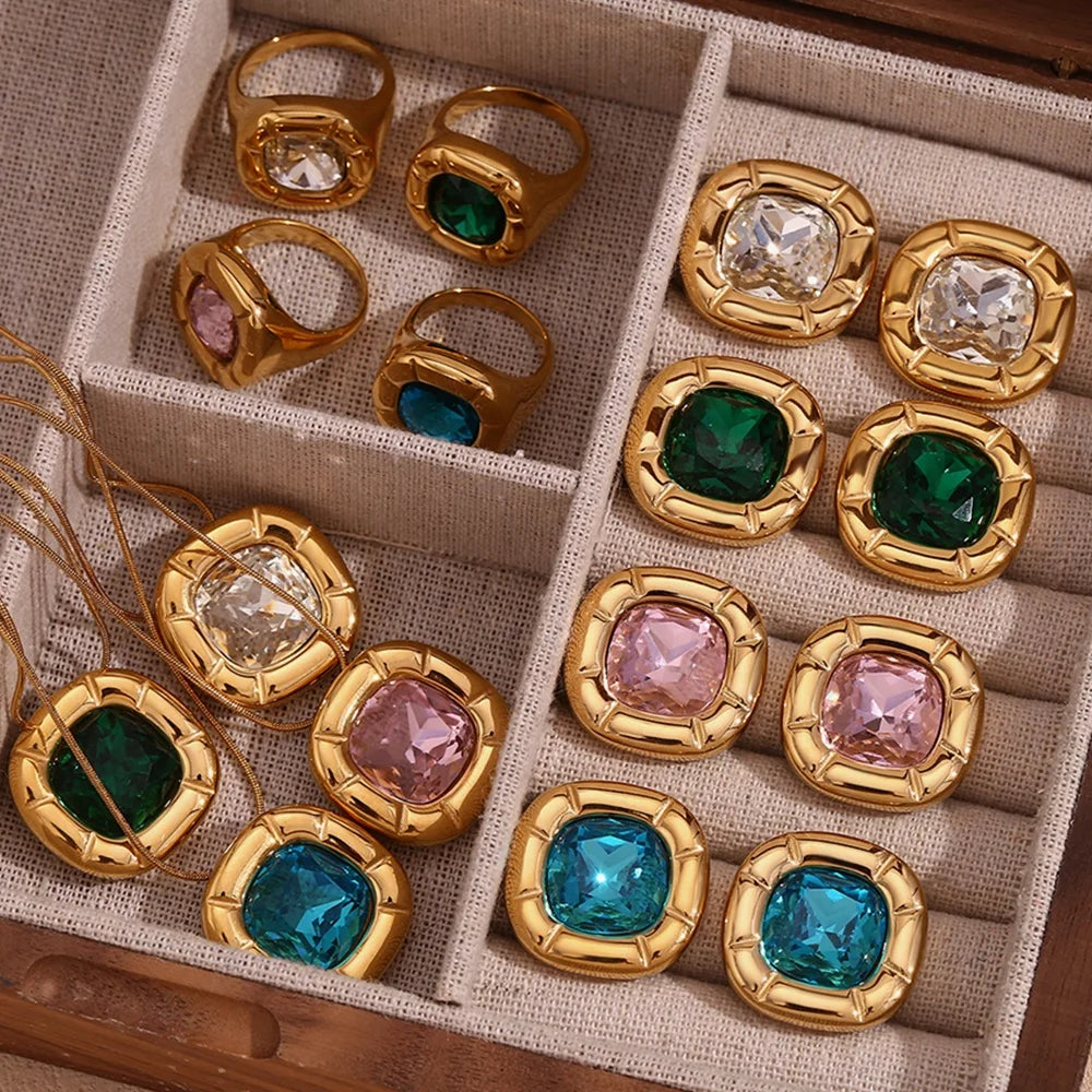 Fashion Jewelry Jewelry Sets Colorful Flower Zircon Jewelry Gold Plated Stainless Steel Necklace Earring Ring