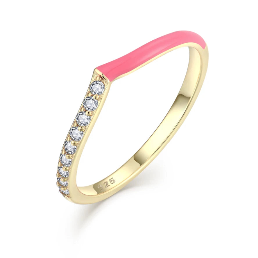 YILUN 925 Sterling Silver Pink Enamel and CZ Diamond Ring Minimalist Gold Plated Luxury Promise Ring for Women