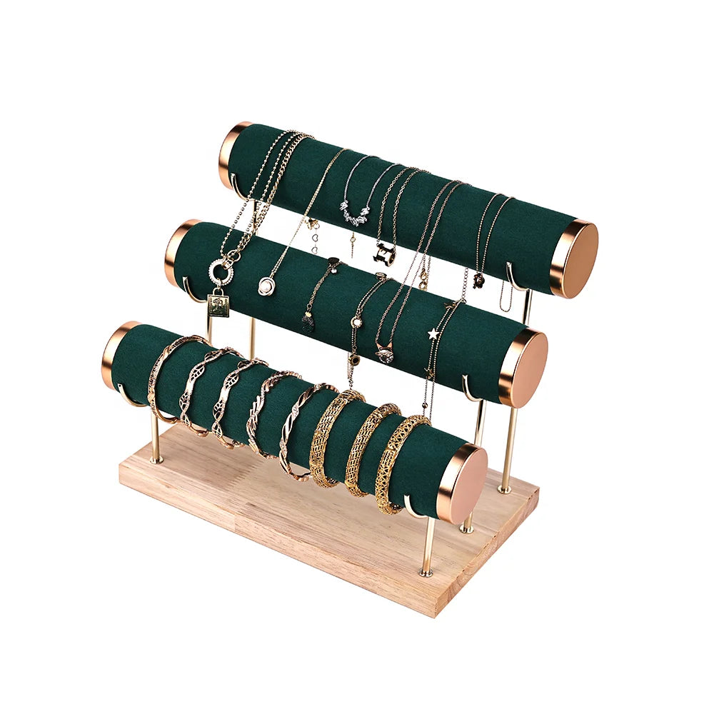 Wholesale Natural Wood Green Velvet Watch Stand Detachable 3 Layers Bangle Stand Suspension Jewelry Display