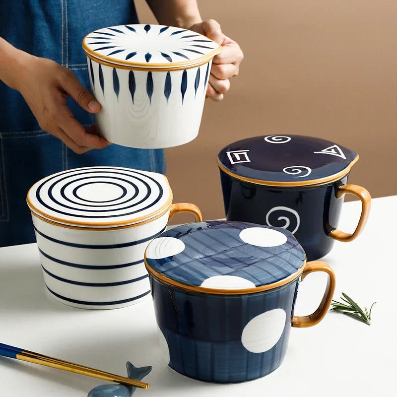 Reusable Japanese Style Ramen Soup Bowl Color-Glaze Ceramic Salad Instant Noodle Bowl Handle and for Student Kitchen Tableware