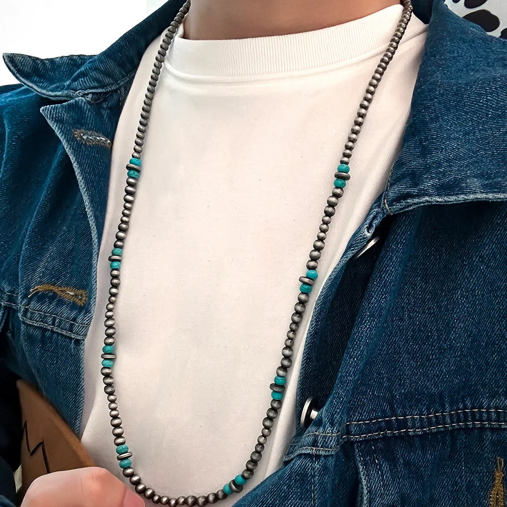 Western Bohemia Style 83+5cm CCB Navajo Beads Splice Synthetic Turquoise Long Necklace for Women Men Gift