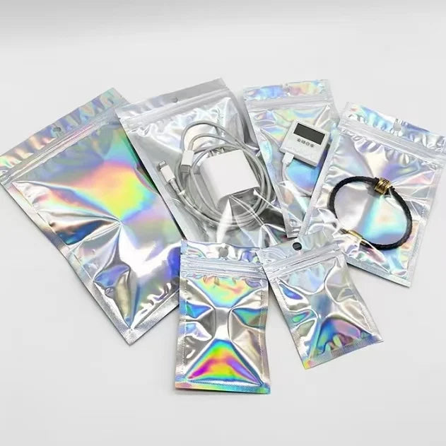 Custom Logo Printing Die Cut Holographic Ziplock Mylar UV Effect Pouches Candy Food Packaging Plastic Bags