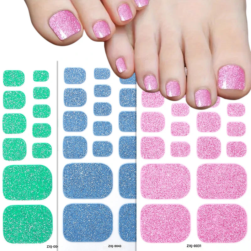 Hot Sale Pure Glitter Toenail Wraps Sticker 2D & 3D Laser Design Self-Adhesive Nail Strips Sheet for Plastic Decals Metal Art