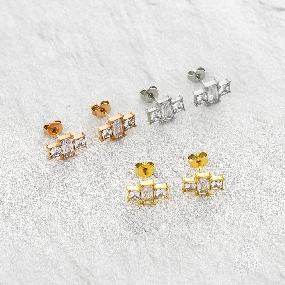 Subtle Gold Plated Stainless Steel Square Zirconia Crystal Stud Earrings Cute Fashion Accessory Unisex Perfect Christmas Day