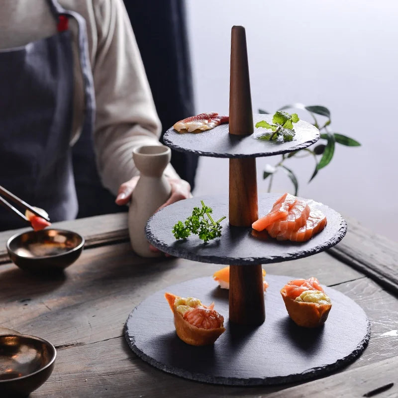 Hot Sale Japanese Style Rock Three-layer Plate Factory Direct Sales Japanese Sushi Dessert Tray Multi-layer Cake Pan