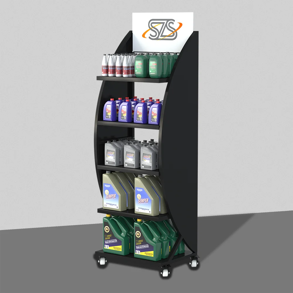 Metal Oil Display Rack Car Supplies Display Rack Retail Store Shelf Display Rack with Universal Wheels Supporting Customization
