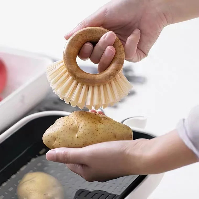 Hot Sale Comfortable Washer Kitchen Cleaner Annular Handle Bamboo Wood Cleaning Brush for Washing Dishes Vegetables Fruits