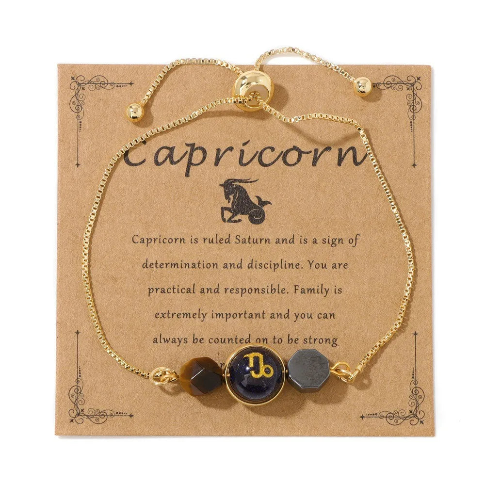 Zodiac Card Faceted Natural Stone Hexagonal Hematite Blue Sandstone Zodiac Bracelet for Men Women Gift