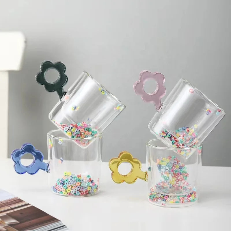 Luxury Double-layer Glass Inside Flower Cup Lovely Milk Water Drinking Cups for Home