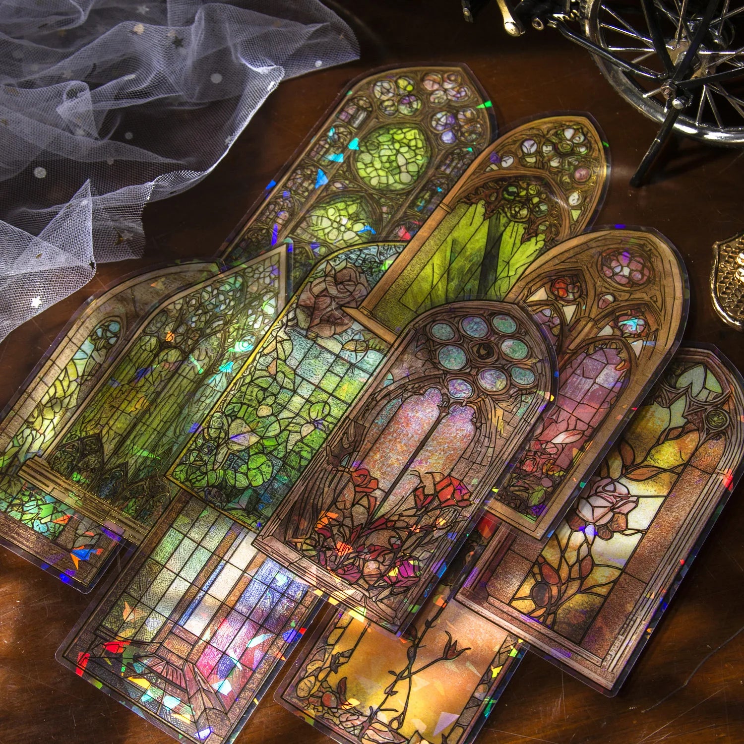 10pcs/pack Pet Stickers Glass Flower Window Series Retro Flower Window Journal Decorative Source Material 6 Models