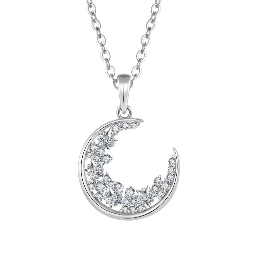 2025 Celestial Rhodium Plated Jewelry 925 Sterling Silver Crescent Moon Pendant Necklace with CZ Diamond Stars