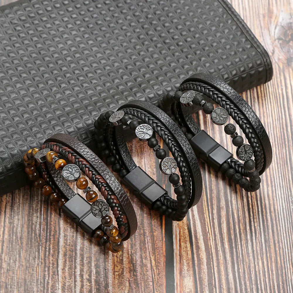 Magnetic Clasp Handmade Woven Men's Leather Bracelet Tree Life Beaded Bracelet with Natural Tiger Eye Lava Stone