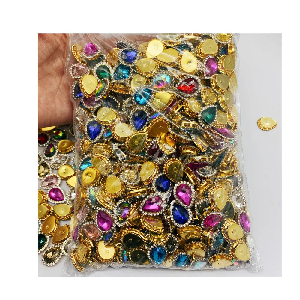 500pcs Per Bag Wholesale Tear Drop Design Gold Base Rhinestones Sew on Rhinestones With Mixed Colors