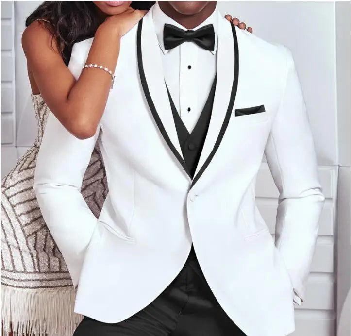 White and Black Wedding Tuxedo for Groom 3 Pieces Slim Fit Men Suits Man Fashion Veste Homme Jacket With Pants Vest New Arrival
