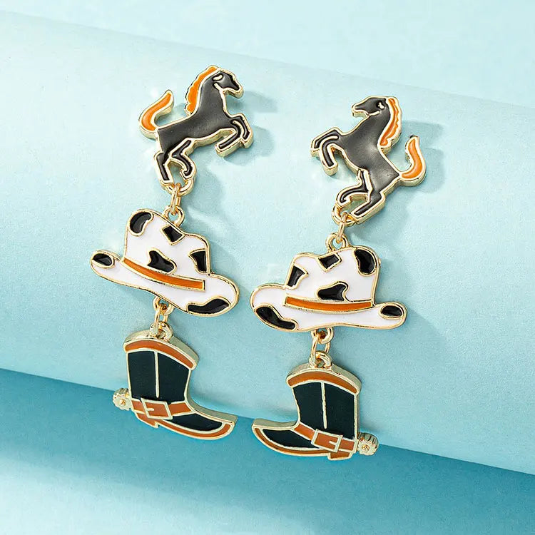 Fashion Black Pink Western Cowgirl Cowboy Earrings Women Personalized Drip Oil Long Horse Hat Boots Dangle Earrings for Girls