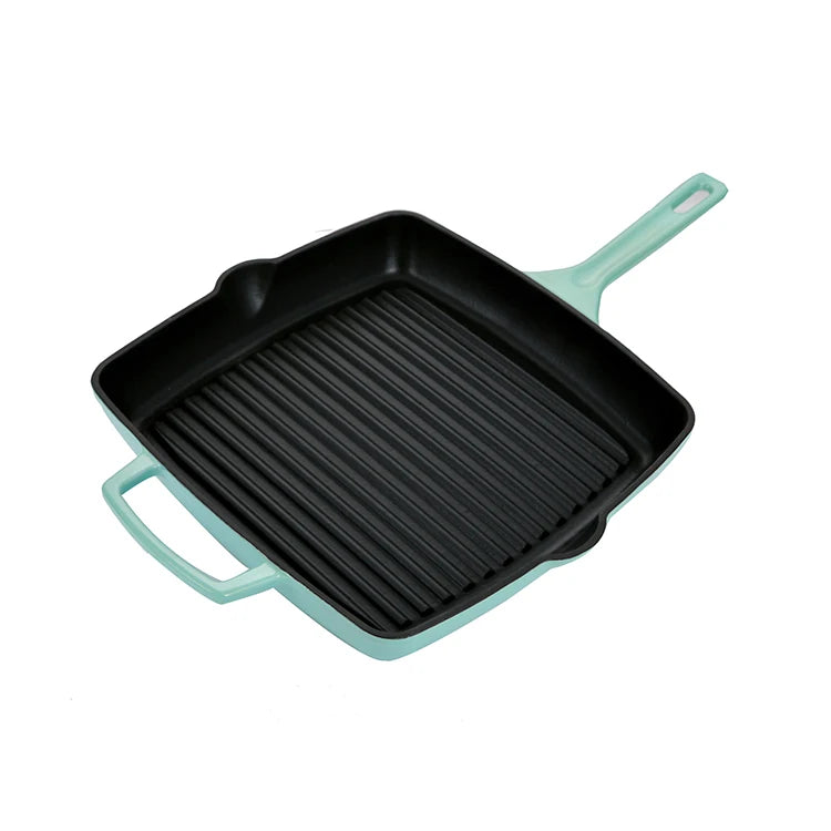 Bright Houseware Modern Light Green Enameled Cast Iron Skillet 28cm Square Griddle Grill Pan for BBQ Oven Safe Gas Induction