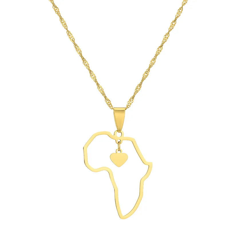 Hip Hop Hollow Africa Map Heart Pendant Necklace Stainless Steel Africa Map Necklace for Women